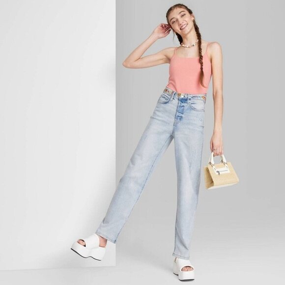 wild fable Super High Rise Distressed Straight Jeans Light Wash Size 14 New - Picture 1 of 2